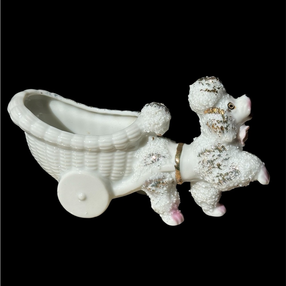 Vintage Poodle dog pulling cart porcelain Japan collector piece ceramic canines